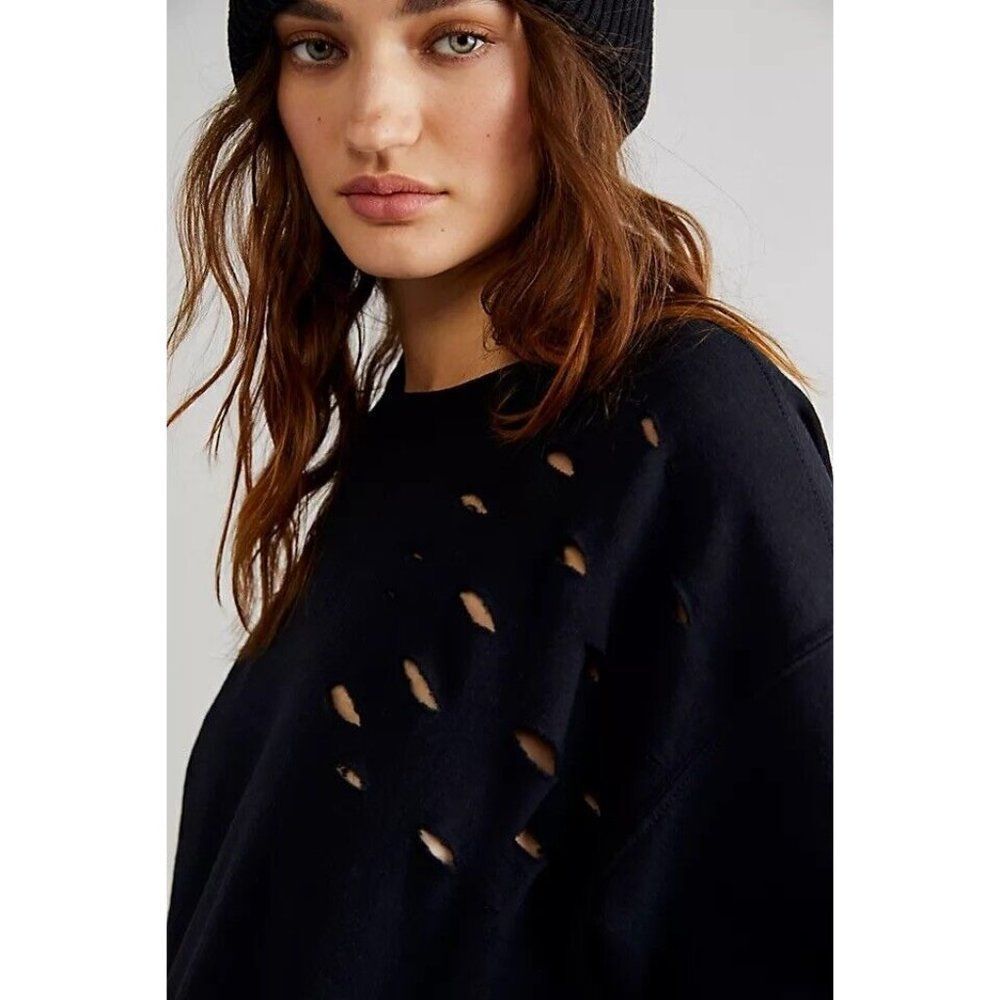 NWT FREE PEOPLE X TRICIA FIX Sz S CUTOUT SWEATSHIRT IN BLACK - Picture 3 of 5